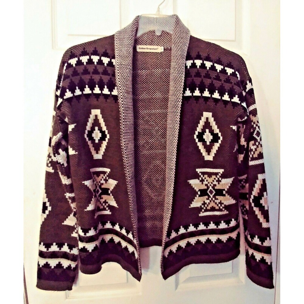 Cotton Emporium Sweater Green S Long Sleeve Aztec Southwest Open Front Cardigan